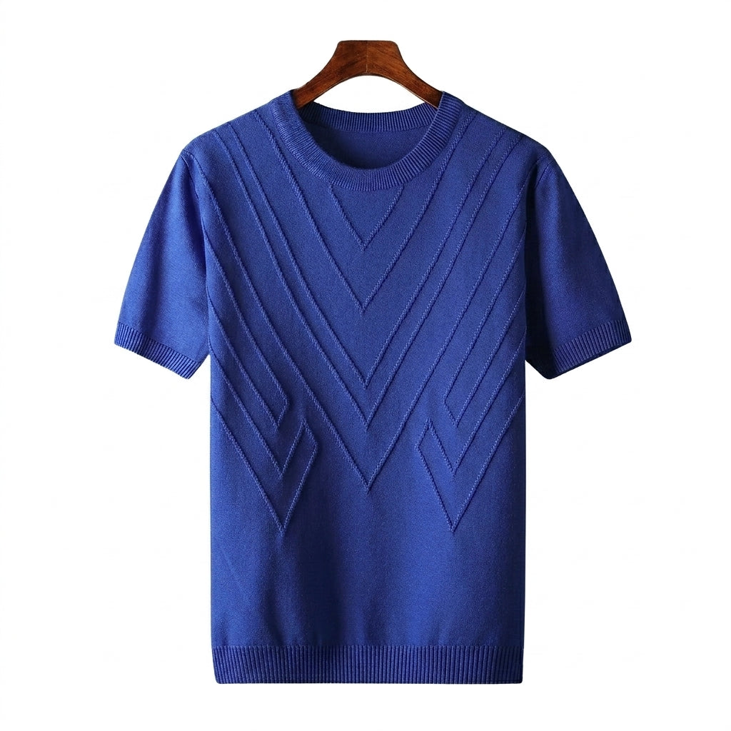 Herr kortärmad stickad tröja med geometriskt mönster och rund halsringning-T-shirt for men-Fjallbarn