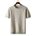 Herr kortärmad stickad tröja med geometriskt mönster och rund halsringning-T-shirt for men-Fjallbarn