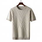 Herr kortärmad stickad tröja med geometriskt mönster och rund halsringning-T-shirt for men-Fjallbarn