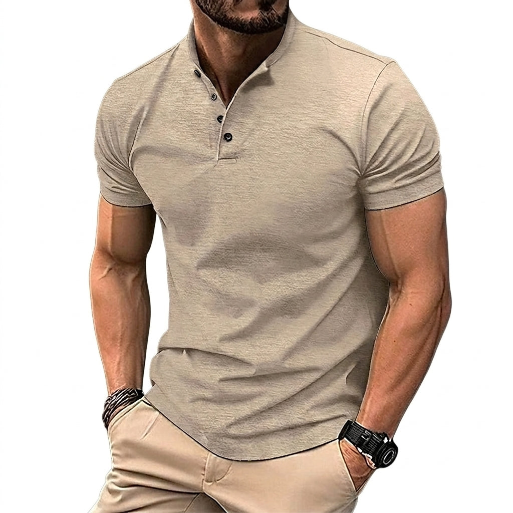 Herr kortärmad tröja med kinakrage och knappslå-Shirts for men-Fjallbarn
