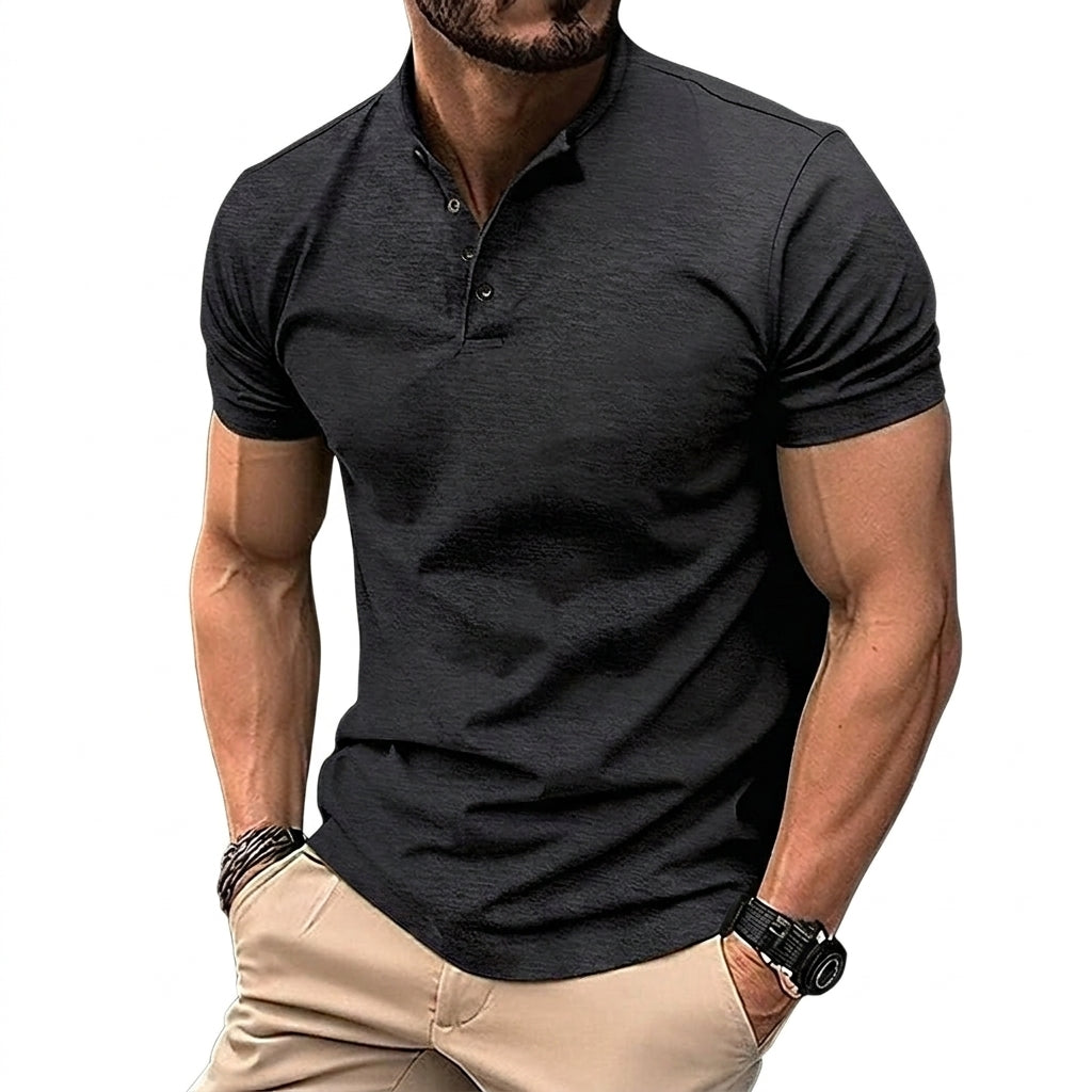 Herr kortärmad tröja med kinakrage och knappslå-Shirts for men-Fjallbarn