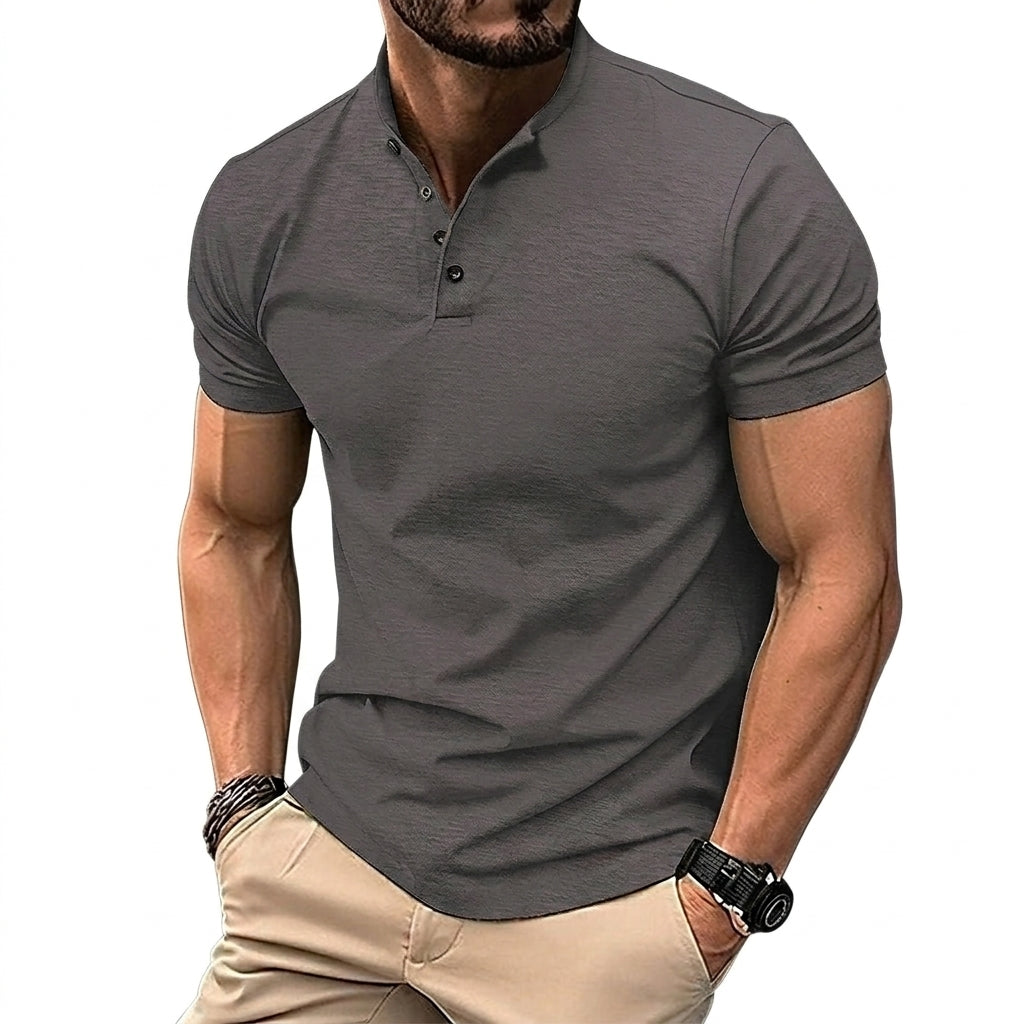 Herr kortärmad tröja med kinakrage och knappslå-Shirts for men-Fjallbarn