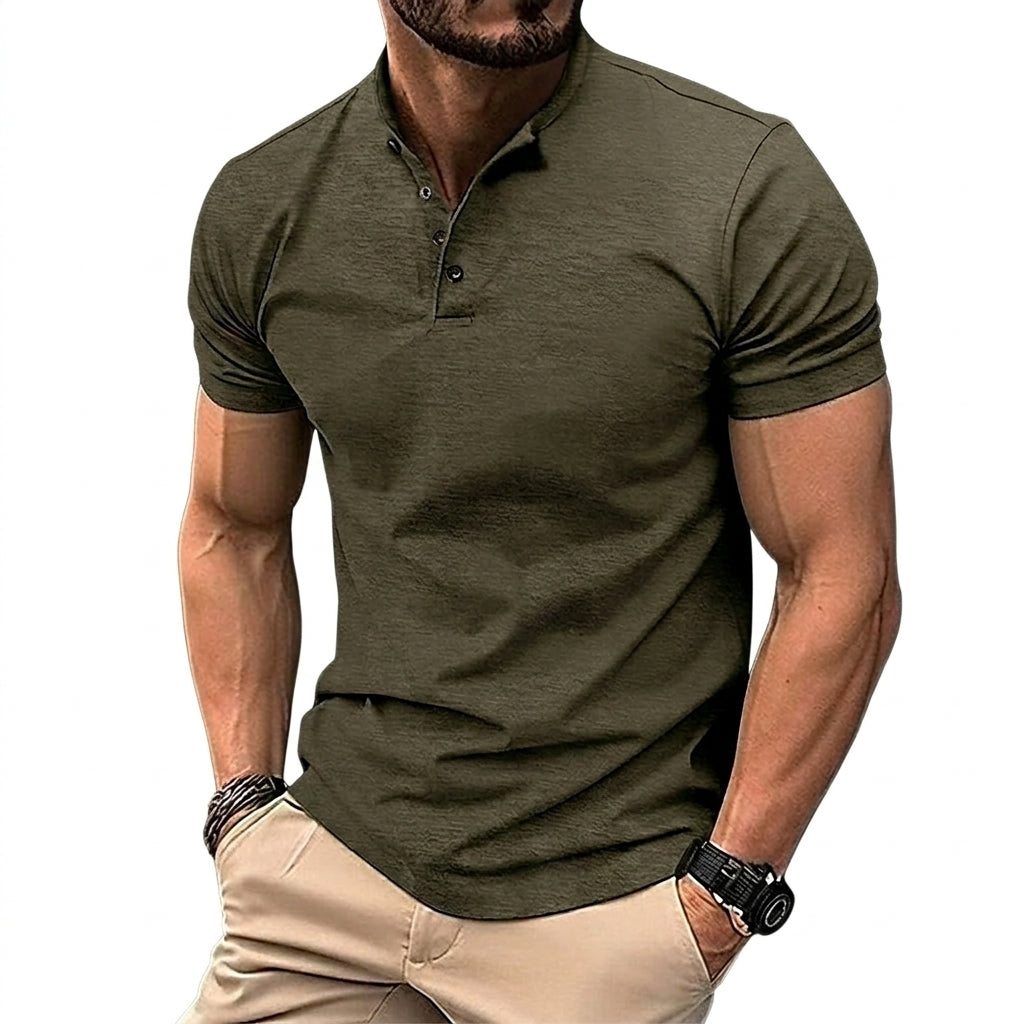 Herr kortärmad tröja med kinakrage och knappslå-Shirts for men-Fjallbarn