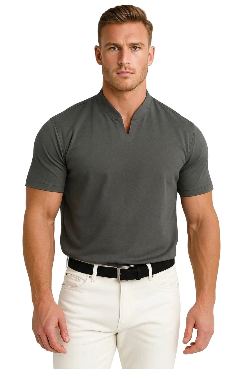 Herr kortärmad tröja med split-krage och figurnära passform-Shirts for men-Fjallbarn
