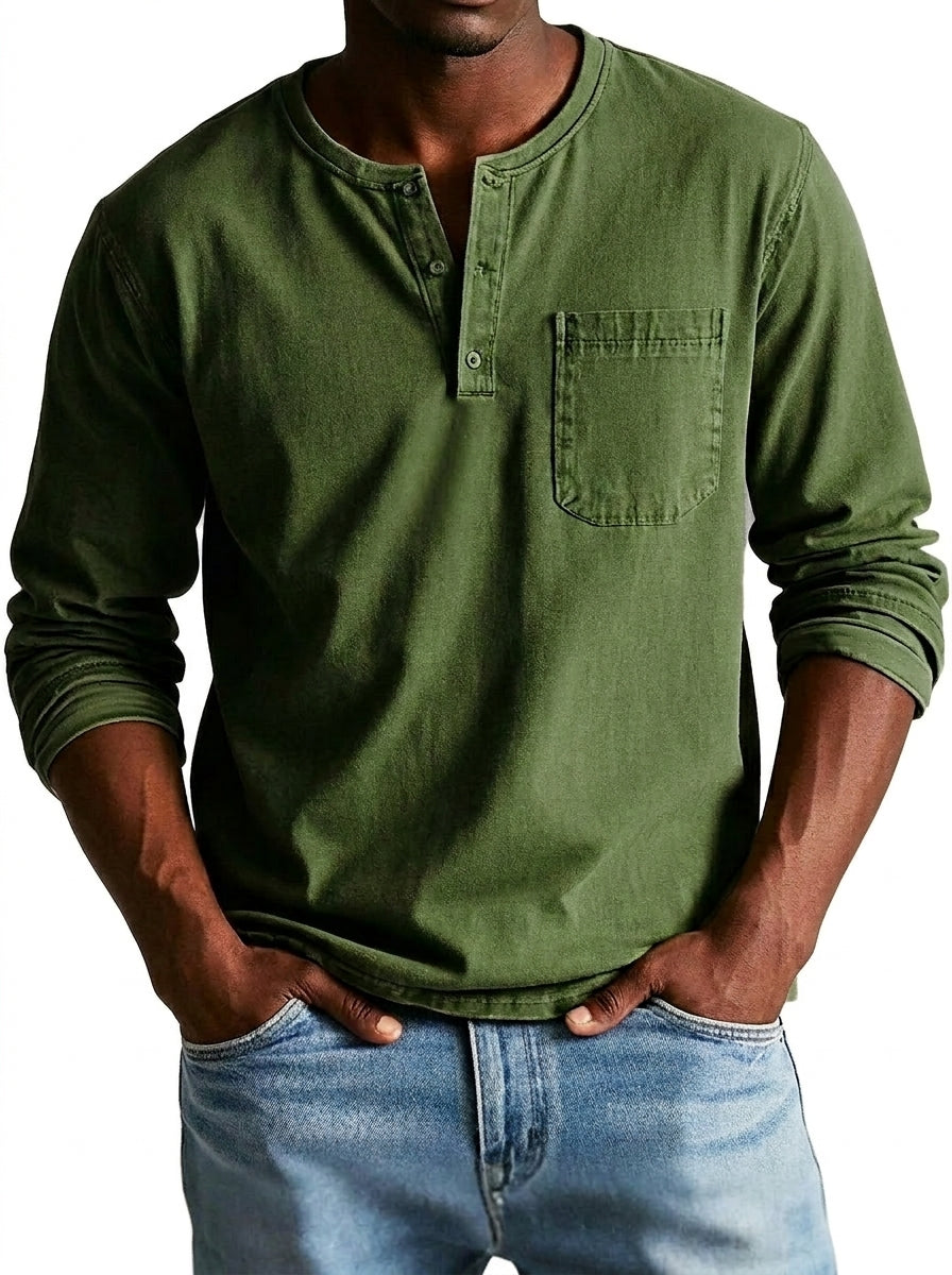 Herr långärmad henleytröja med bröstficka och knappslå-Shirt for men-Fjallbarn