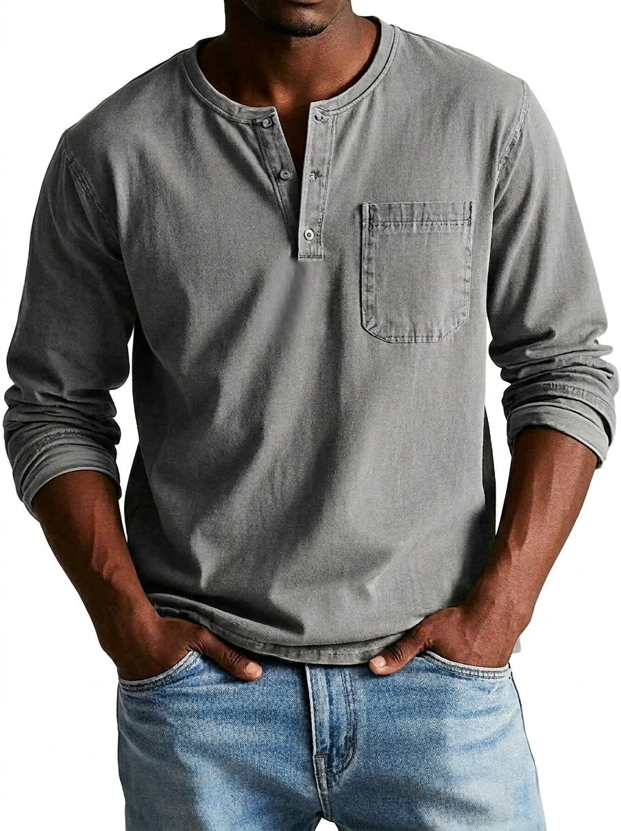 Herr långärmad henleytröja med bröstficka och knappslå-Shirt for men-Fjallbarn