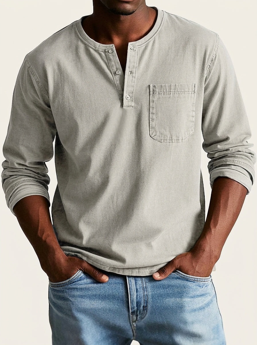 Herr långärmad henleytröja med bröstficka och knappslå-Shirt for men-Fjallbarn