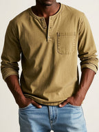 Herr långärmad henleytröja med bröstficka och knappslå-Shirt for men-Fjallbarn