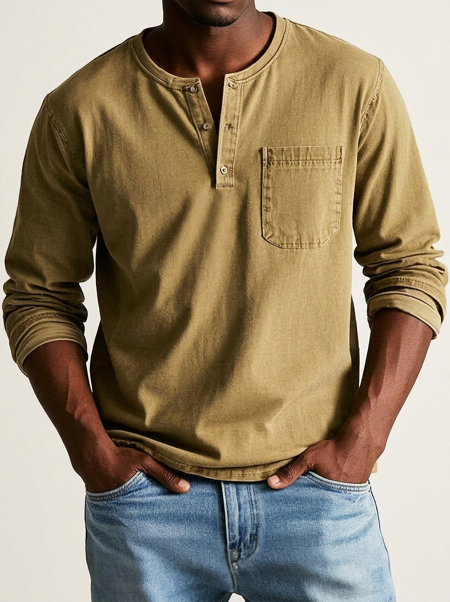 Herr långärmad henleytröja med bröstficka och knappslå-Shirt for men-Fjallbarn