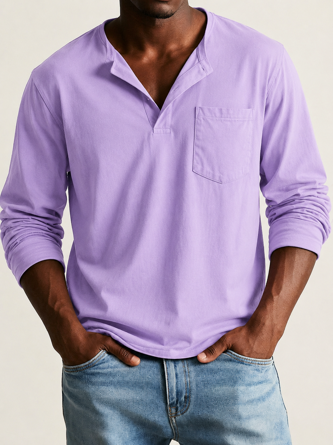 Herr långärmad henleytröja med bröstficka och knappslå-Shirt for men-Fjallbarn