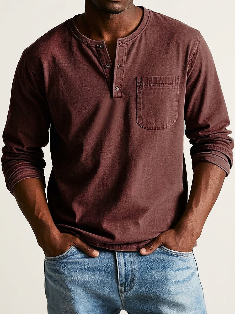 Herr långärmad henleytröja med bröstficka och knappslå-Shirt for men-Fjallbarn