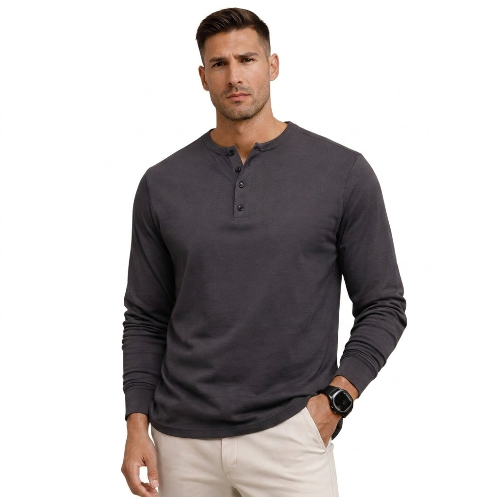 Herr långärmad henleytröja med knappslå och ribbade muddar-Shirts for men-Fjallbarn