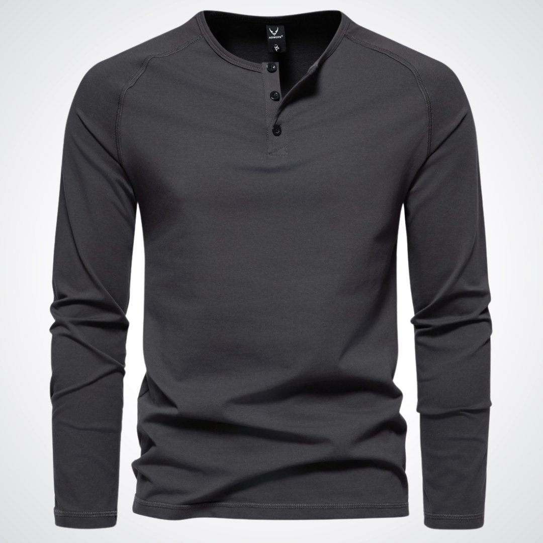 Herr långärmad henleytröja med knappslå och ribbade muddar-Shirts for men-Fjallbarn