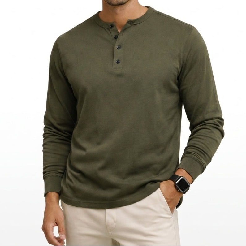 Herr långärmad henleytröja med knappslå och ribbade muddar-Shirts for men-Fjallbarn