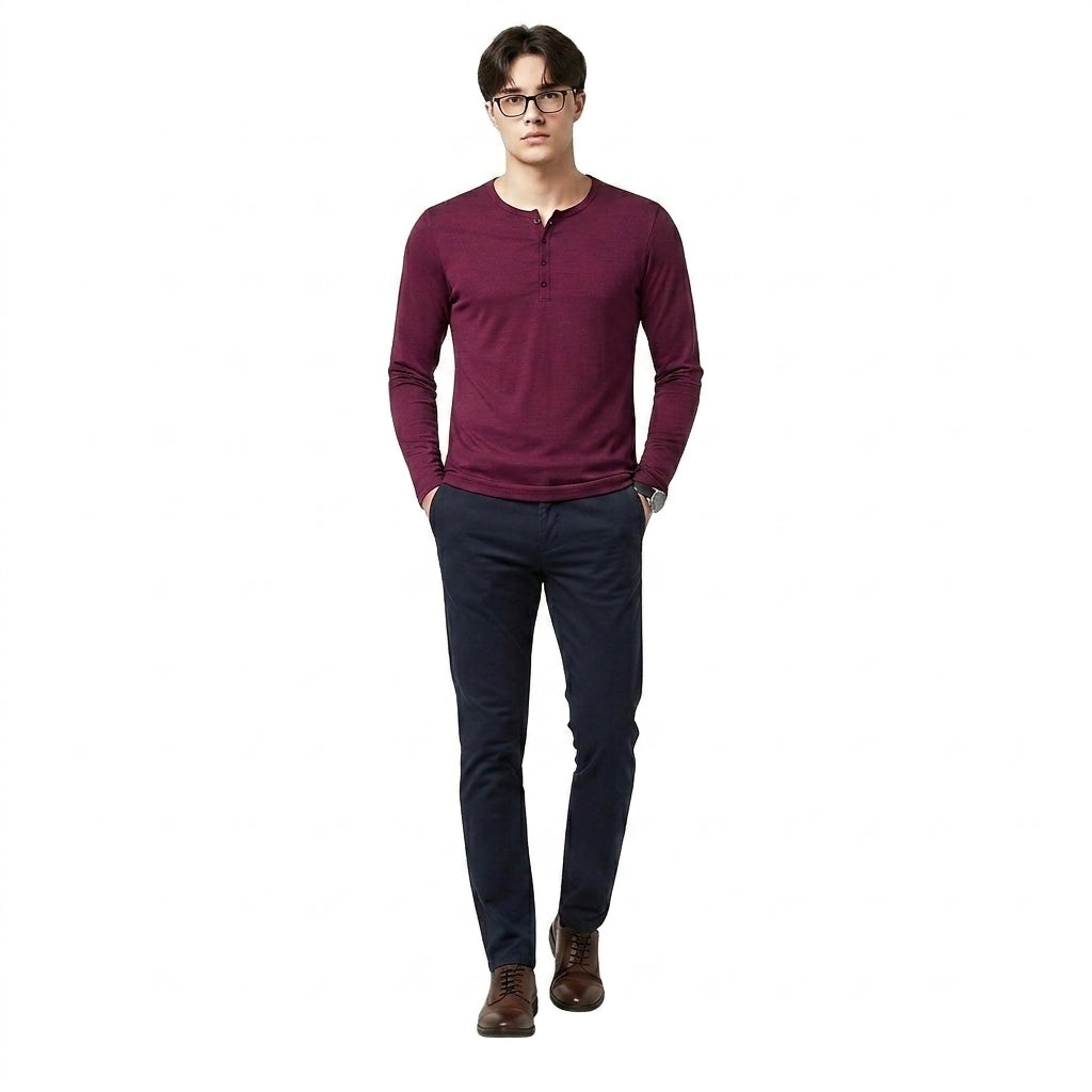Herr långärmad henleytröja med slub-textur och rundad fåll-Shirt for men-Fjallbarn