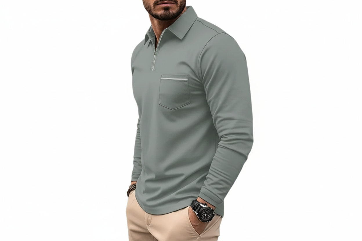 Herr långärmad tröja med krage och halv dragkedja-Shirt for Men-Fjallbarn