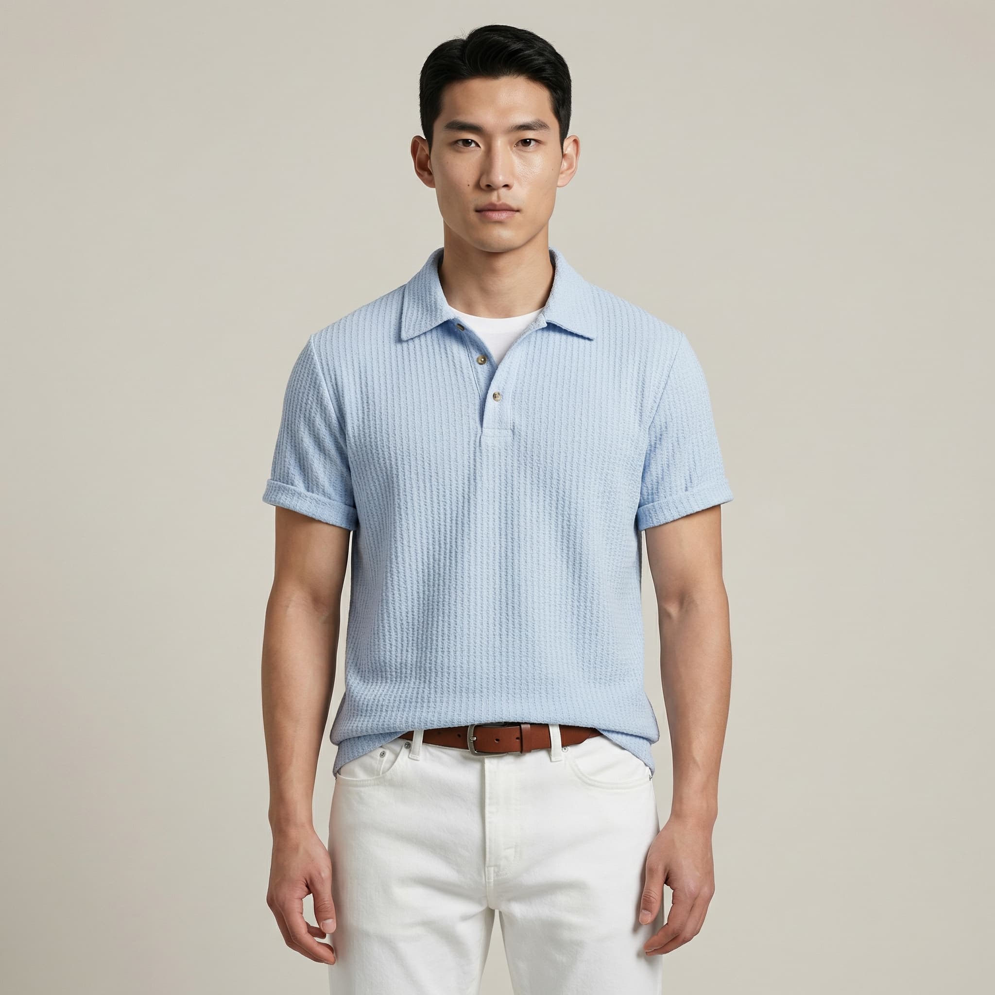 Herr Pikétröja med Strukturmönster och Knappslå-T-shirt for men-Fjallbarn