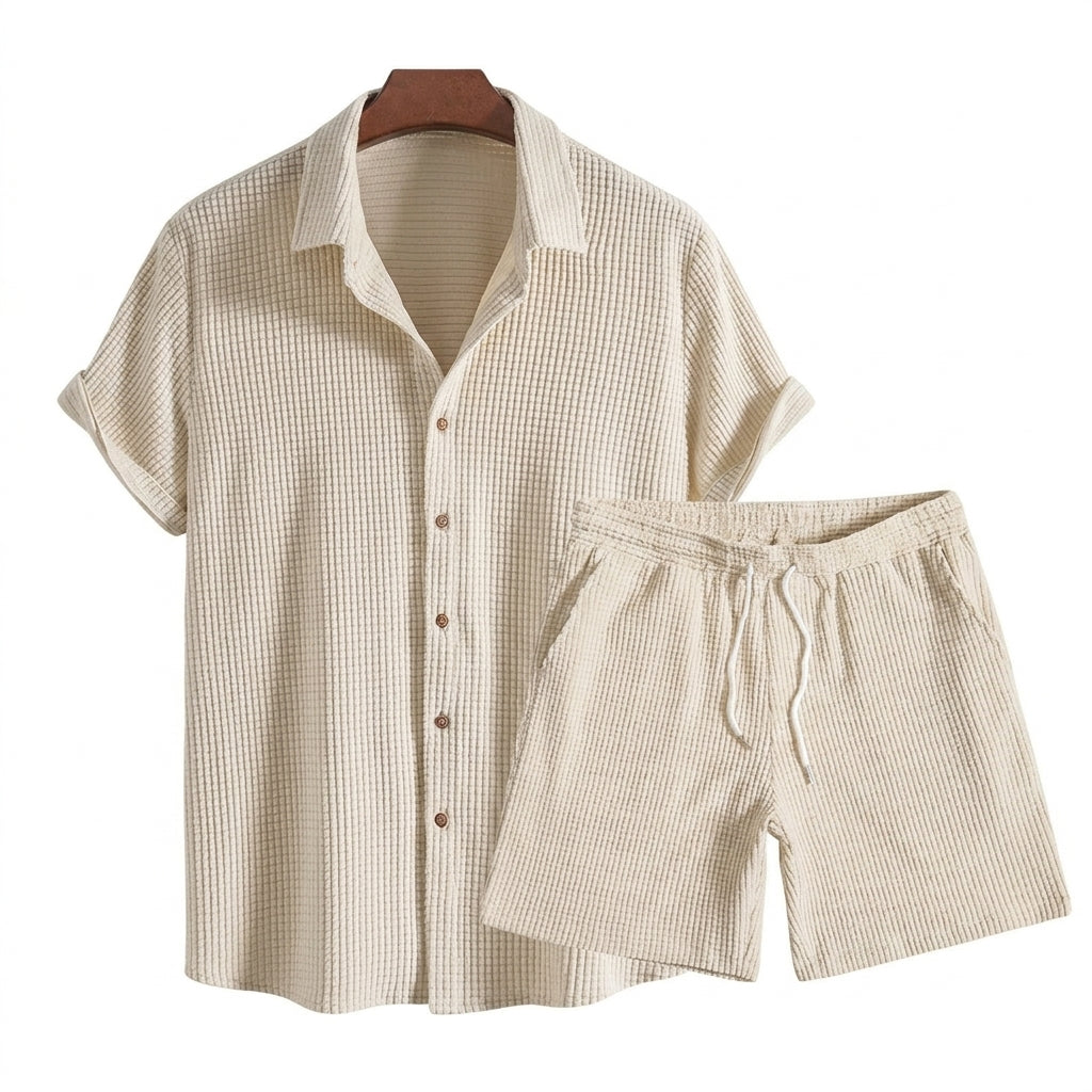 Herr set med kortärmad skjorta och shorts med texturerat rutmönster och dragsko-Sets for Men-Fjallbarn