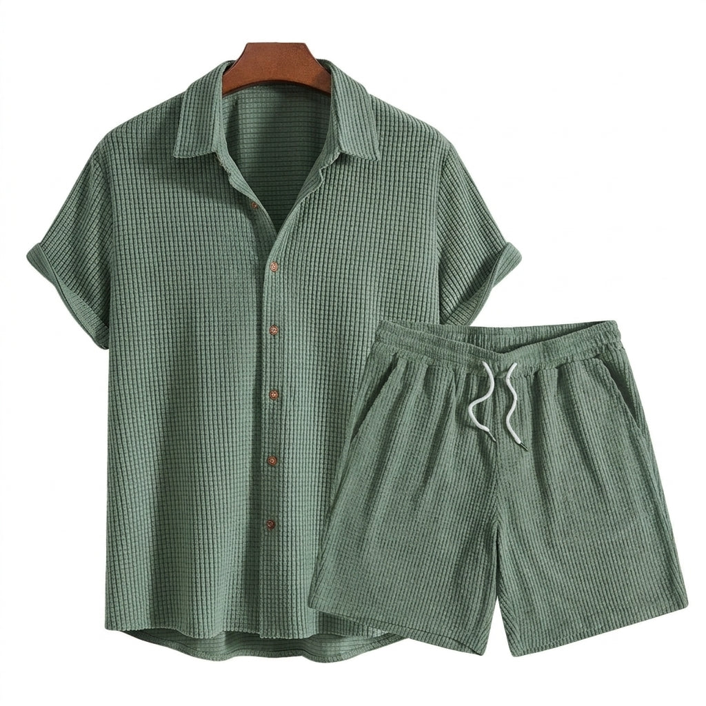 Herr set med kortärmad skjorta och shorts med texturerat rutmönster och dragsko-Sets for Men-Fjallbarn