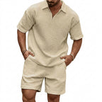Herr set med kvartszips-pikétröja och shorts med rutmönstrad textur-Sets for Men-Fjallbarn