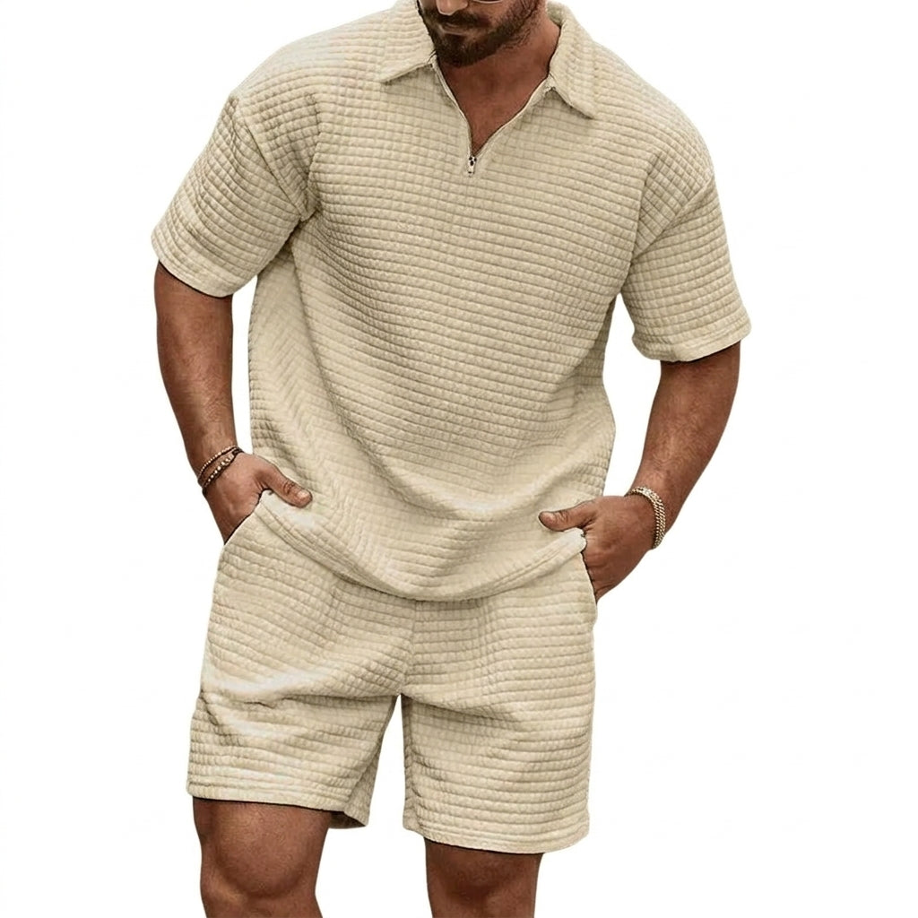 Herr set med kvartszips-pikétröja och shorts med rutmönstrad textur-Sets for Men-Fjallbarn