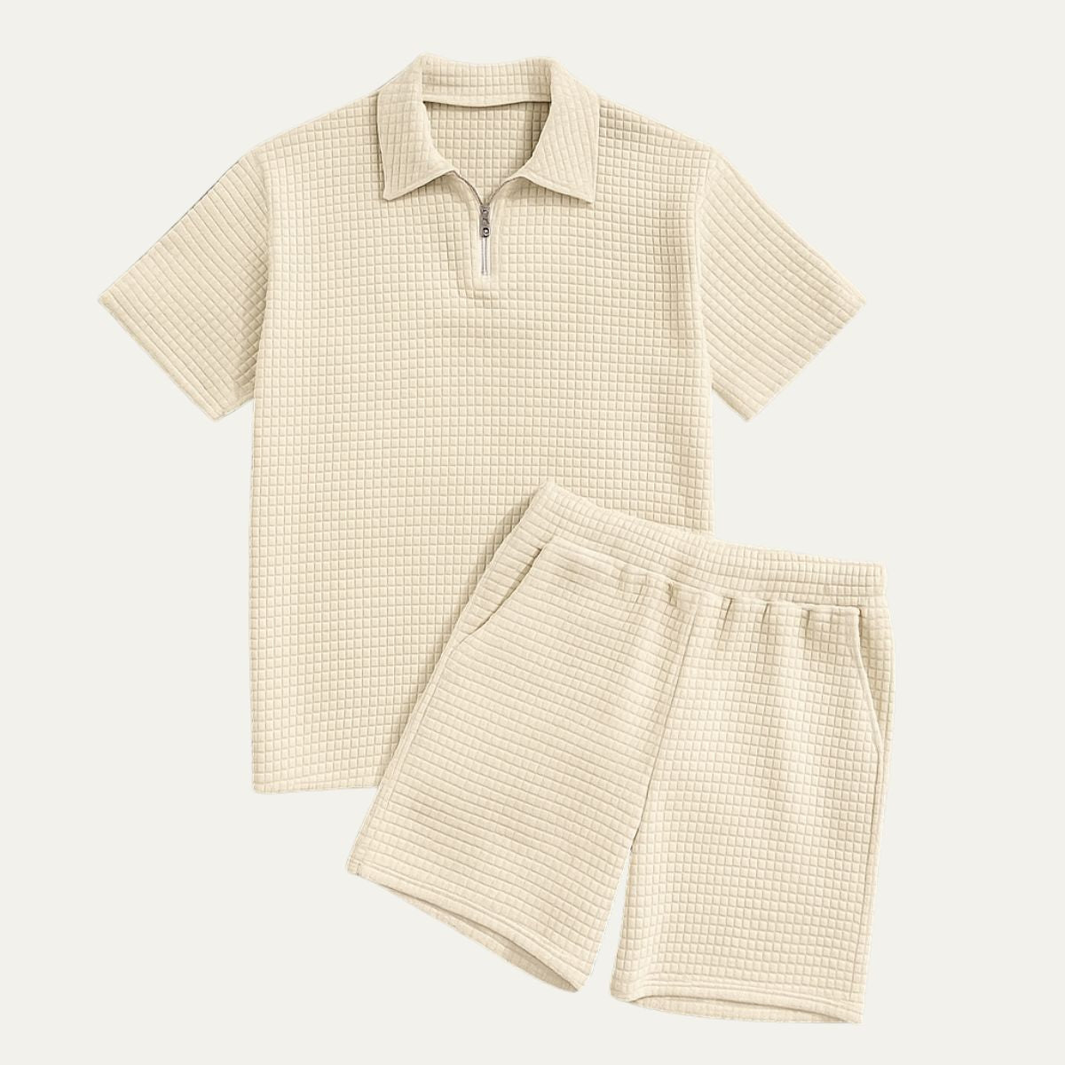 Herr set med kvartszips-pikétröja och shorts med rutmönstrad textur-Sets for Men-Fjallbarn