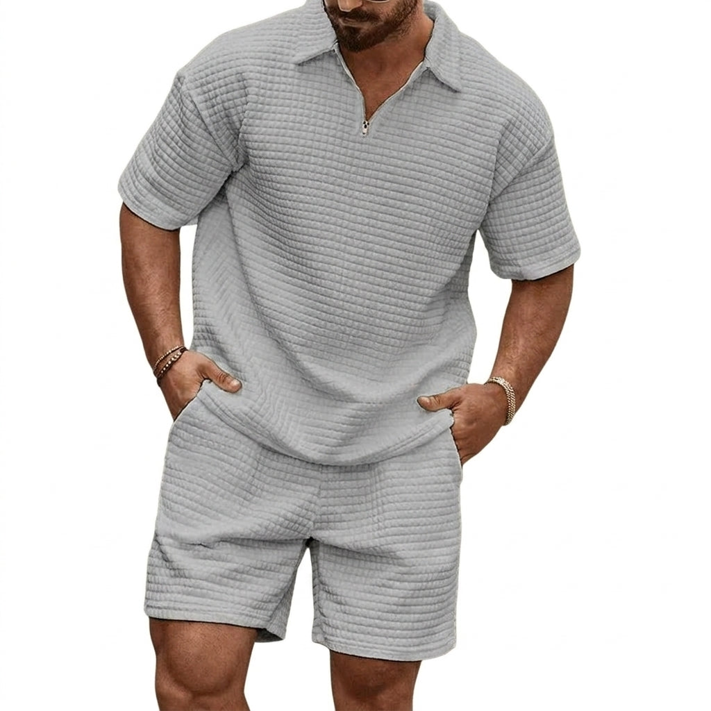 Herr set med kvartszips-pikétröja och shorts med rutmönstrad textur-Sets for Men-Fjallbarn