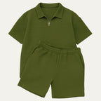 Herr set med kvartszips-pikétröja och shorts med rutmönstrad textur-Sets for Men-Fjallbarn