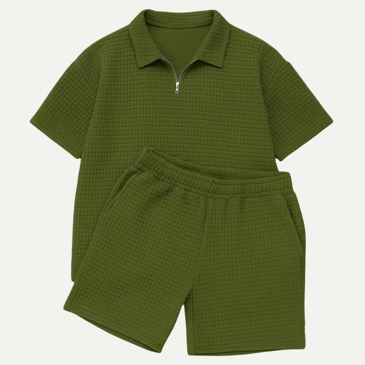 Herr set med kvartszips-pikétröja och shorts med rutmönstrad textur-Sets for Men-Fjallbarn