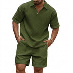 Herr set med kvartszips-pikétröja och shorts med rutmönstrad textur-Sets for Men-Fjallbarn