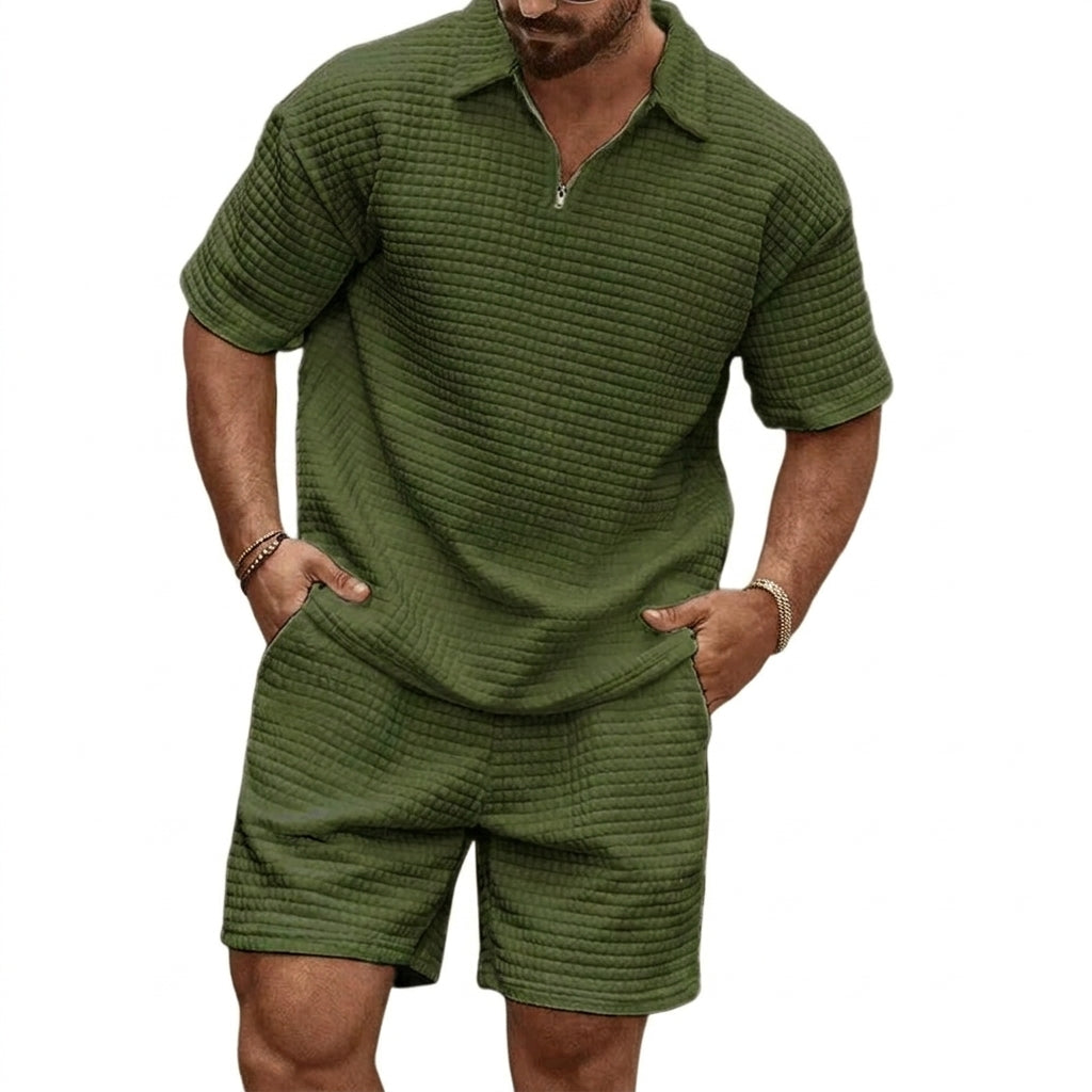 Herr set med kvartszips-pikétröja och shorts med rutmönstrad textur-Sets for Men-Fjallbarn