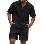 Herr set med kvartszips-pikétröja och shorts med rutmönstrad textur-Sets for Men-Fjallbarn