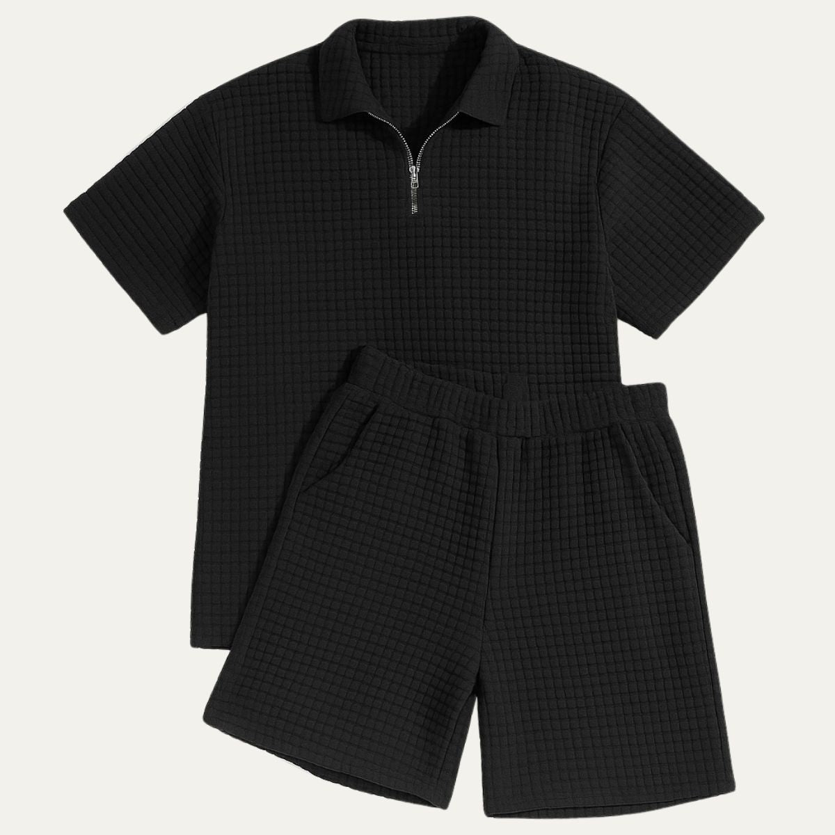 Herr set med kvartszips-pikétröja och shorts med rutmönstrad textur-Sets for Men-Fjallbarn