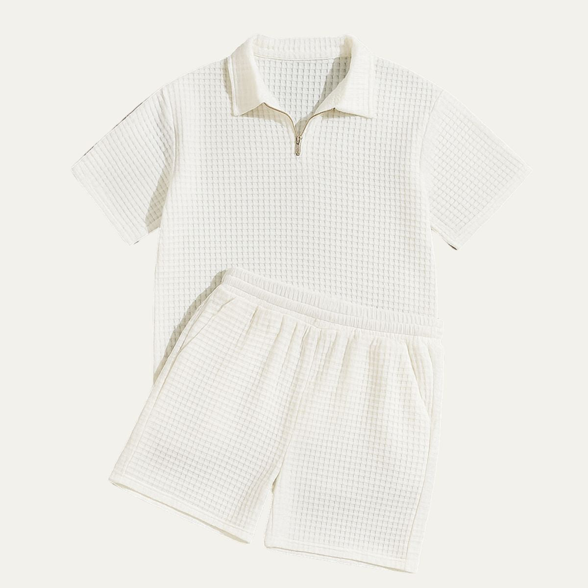Herr set med kvartszips-pikétröja och shorts med rutmönstrad textur-Sets for Men-Fjallbarn