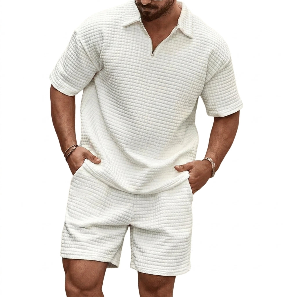 Herr set med kvartszips-pikétröja och shorts med rutmönstrad textur-Sets for Men-Fjallbarn
