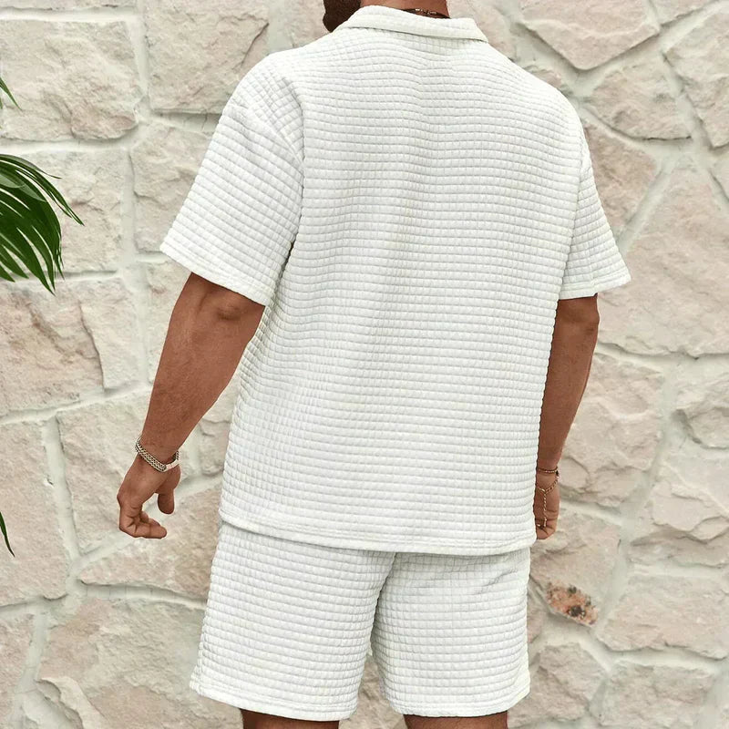 Herr set med kvartszips-pikétröja och shorts med rutmönstrad textur-Sets for Men-Fjallbarn
