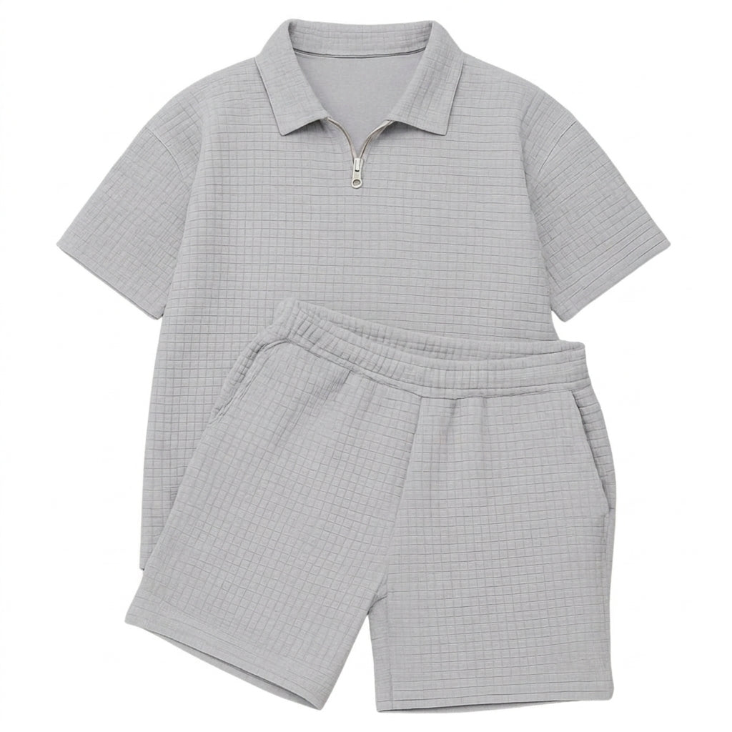 Herr set med kvartszips-pikétröja och shorts med rutmönstrad textur-Sets for Men-Fjallbarn