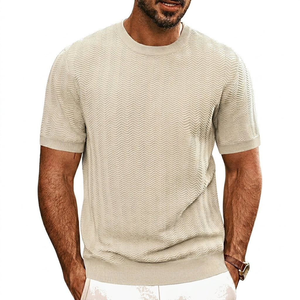 Herr stickad t-shirt med sicksackmönster och ribbade kanter-T-shirt for men-Fjallbarn