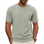 Herr stickad t-shirt med sicksackmönster och ribbade kanter-T-shirt for men-Fjallbarn