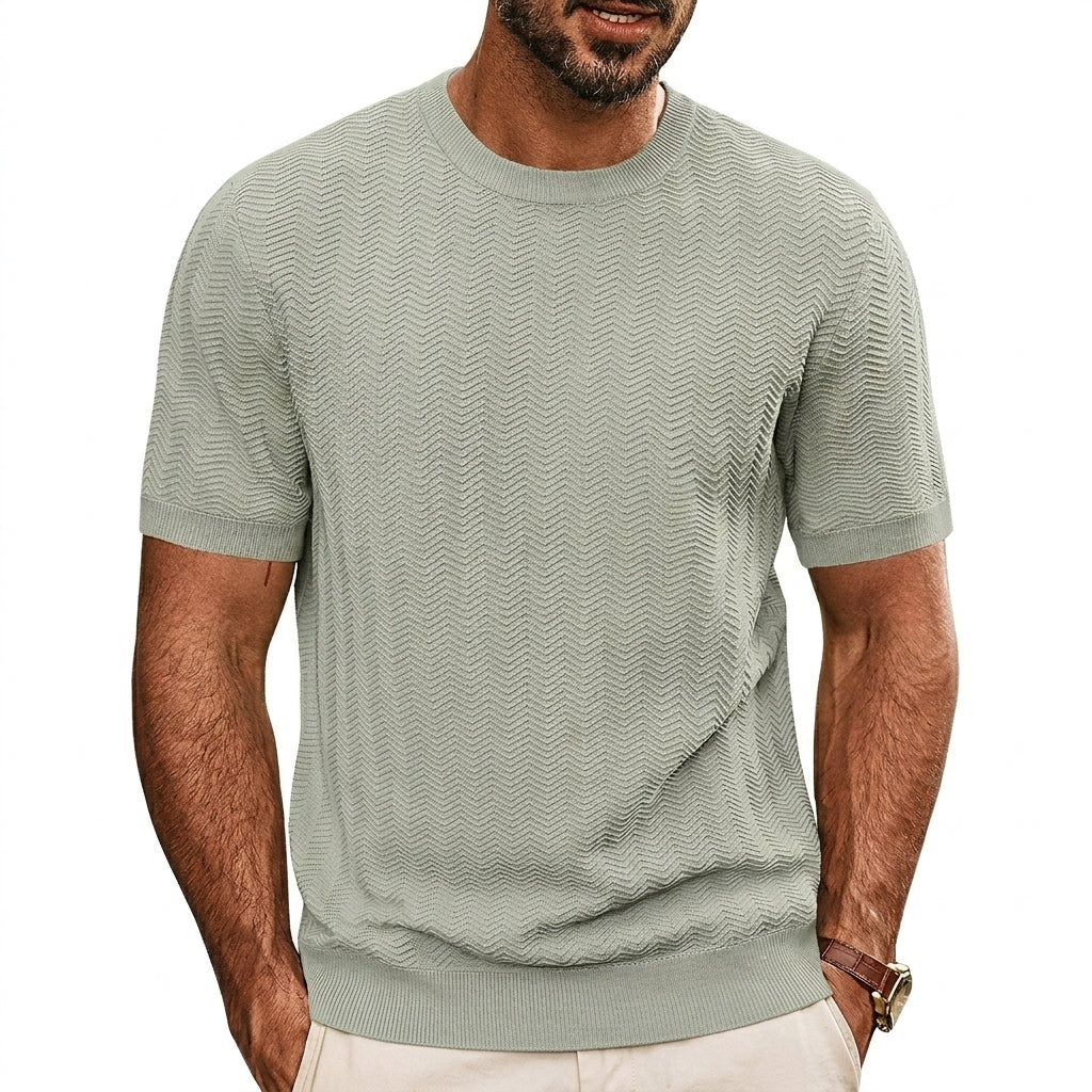 Herr stickad t-shirt med sicksackmönster och ribbade kanter-T-shirt for men-Fjallbarn