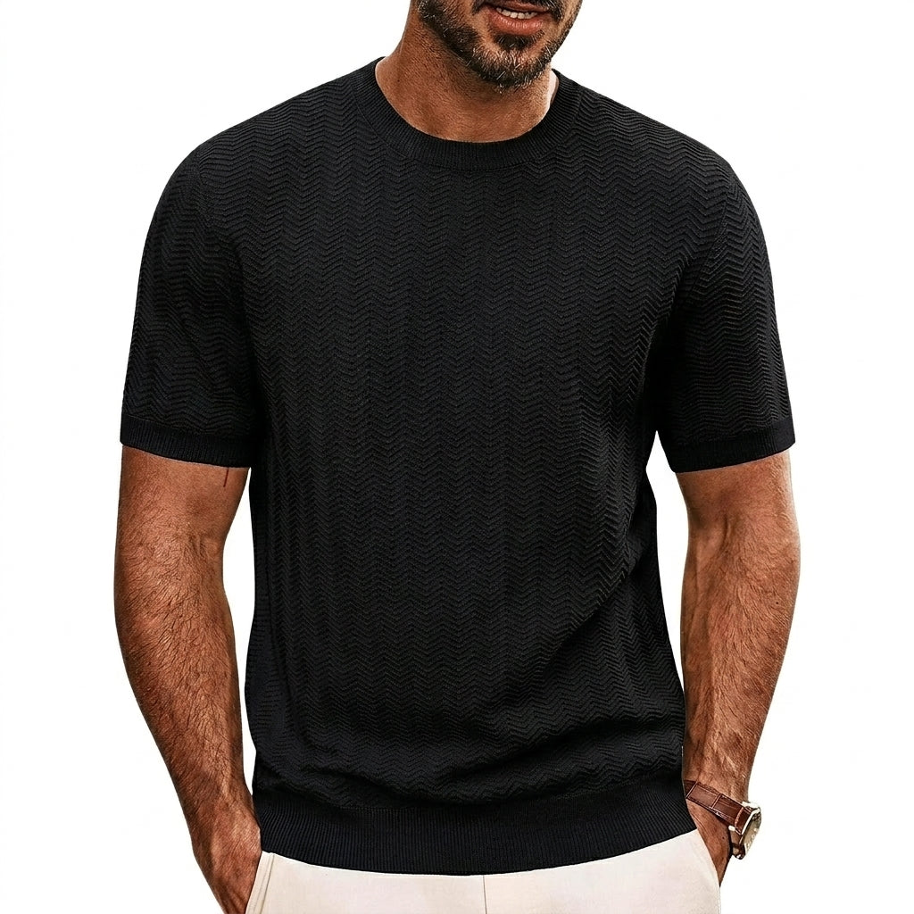 Herr stickad t-shirt med sicksackmönster och ribbade kanter-T-shirt for men-Fjallbarn