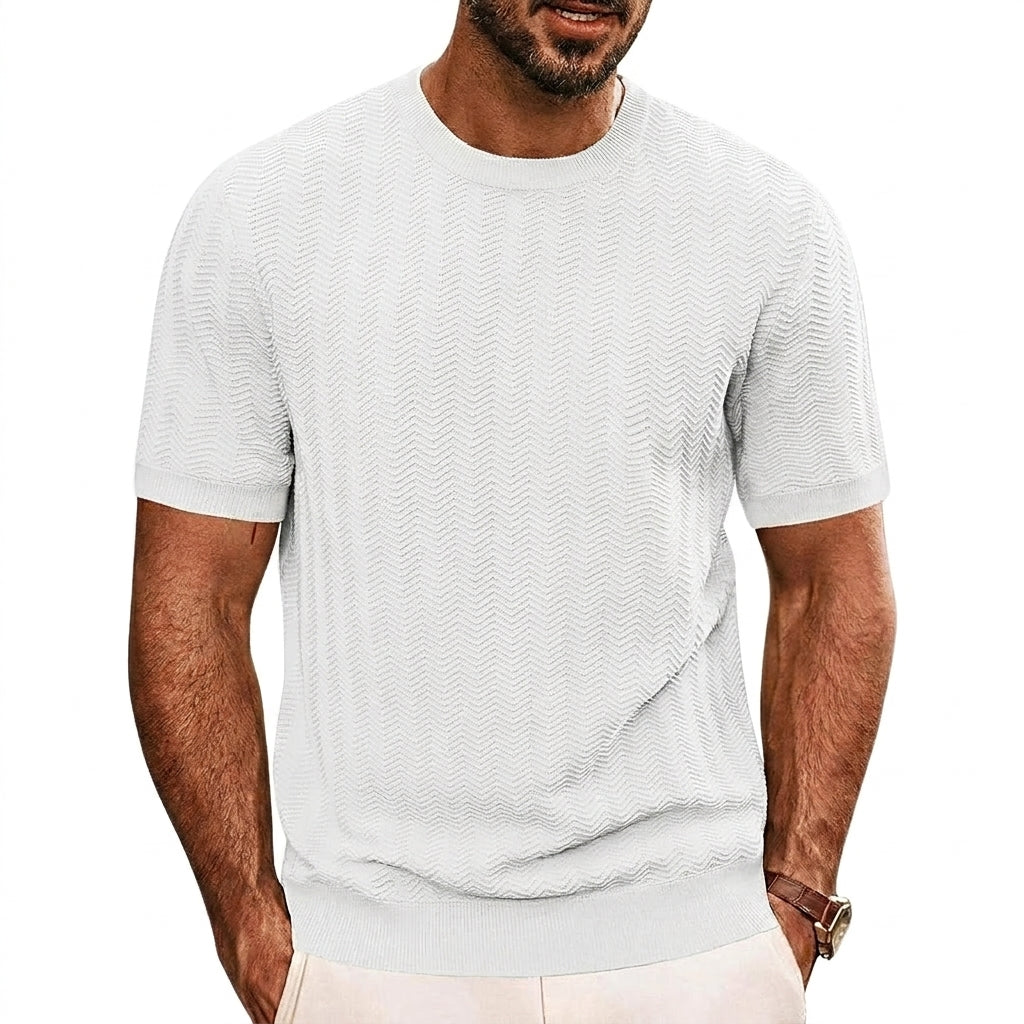 Herr stickad t-shirt med sicksackmönster och ribbade kanter-T-shirt for men-Fjallbarn