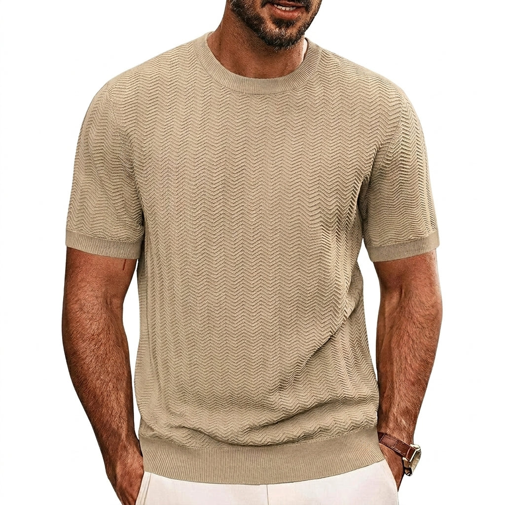 Herr stickad t-shirt med sicksackmönster och ribbade kanter-T-shirt for men-Fjallbarn