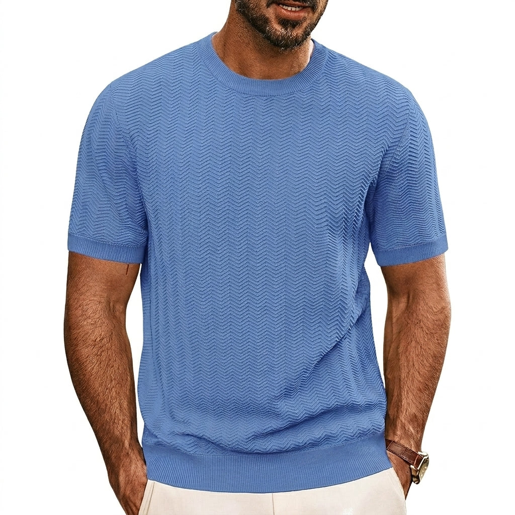 Herr stickad t-shirt med sicksackmönster och ribbade kanter-T-shirt for men-Fjallbarn