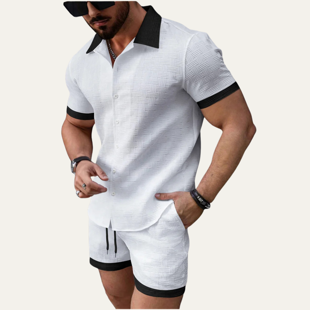 Herr tvådelat set med kortärmad skjorta med knappar och shorts med elastisk midja och dragsko-sets for Men-Fjallbarn