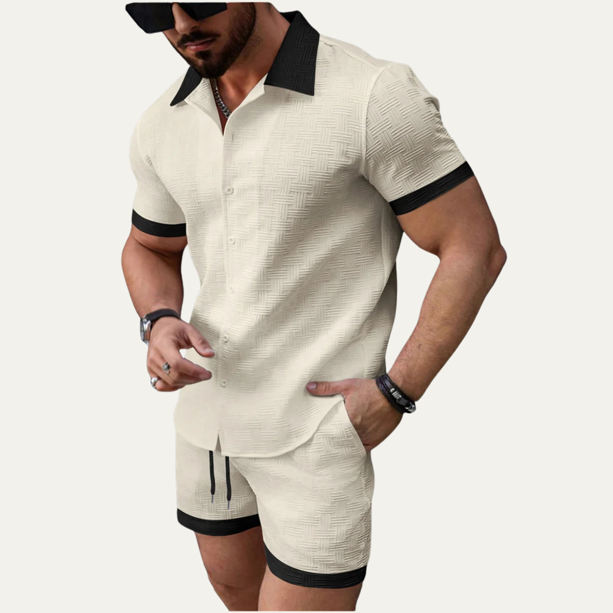 Herr tvådelat set med kortärmad skjorta med knappar och shorts med elastisk midja och dragsko-sets for Men-Fjallbarn