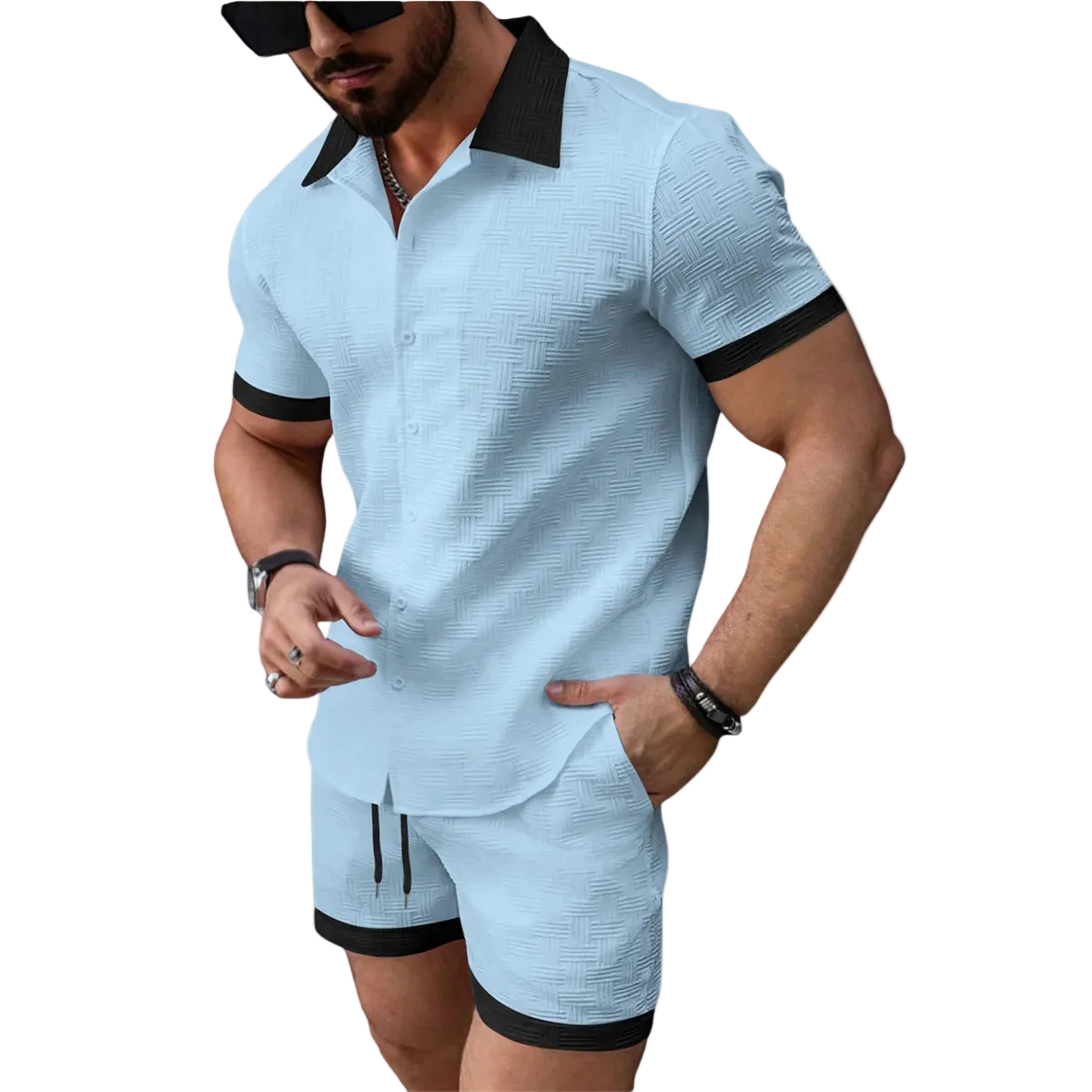 Herr tvådelat set med kortärmad skjorta med knappar och shorts med elastisk midja och dragsko-sets for Men-Fjallbarn