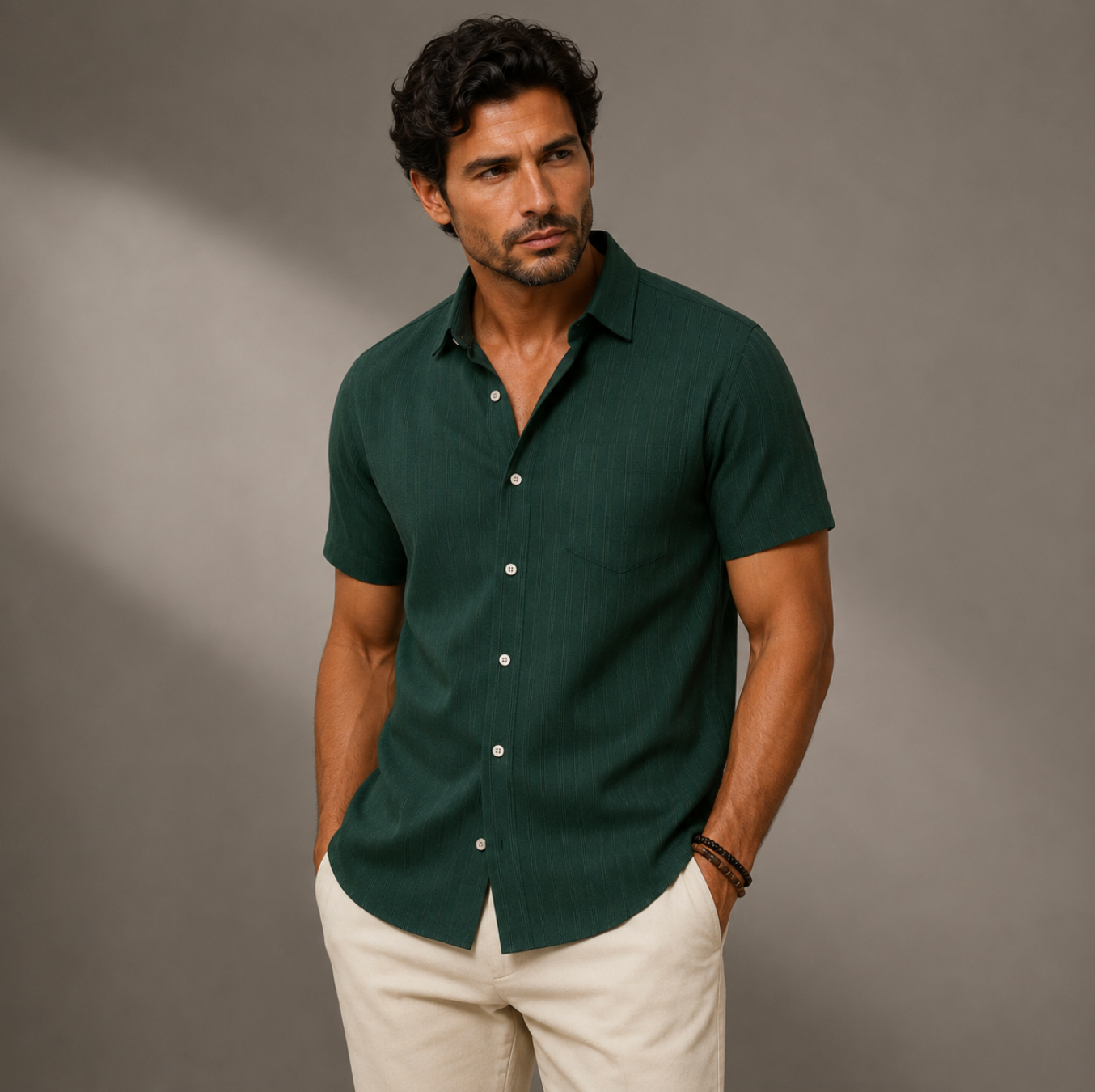 Herrarnas kortärmad skjorta med vertikal ribbad struktur och bröstficka-Shirts for men-Fjallbarn