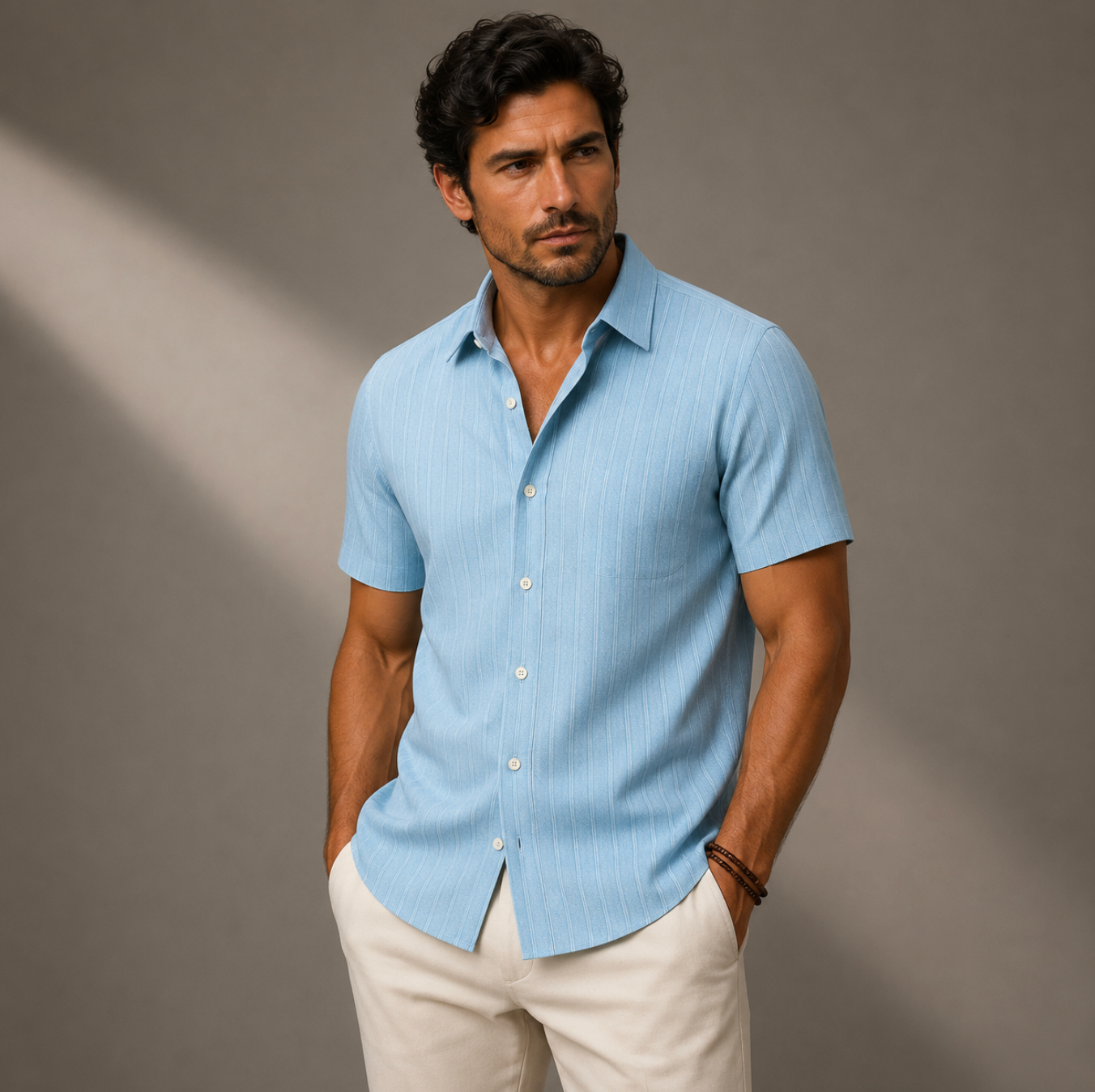 Herrarnas kortärmad skjorta med vertikal ribbad struktur och bröstficka-Shirts for men-Fjallbarn