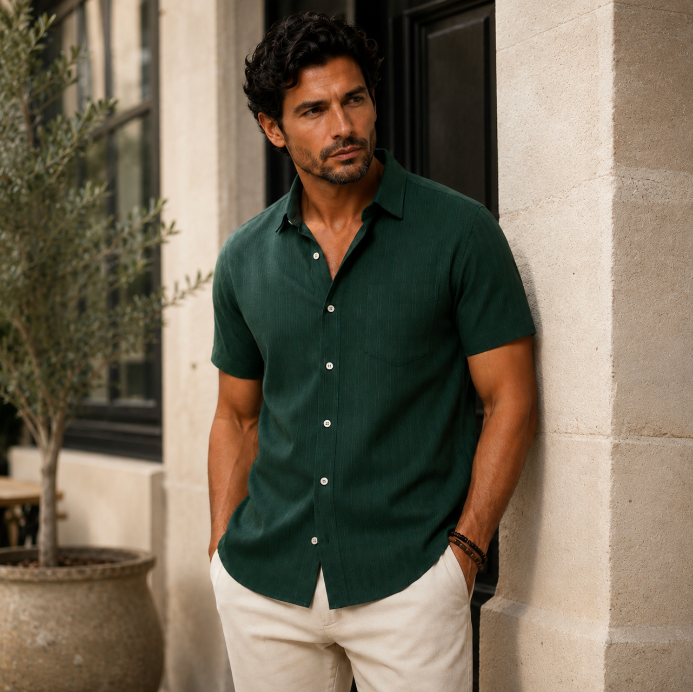 Herrarnas kortärmad skjorta med vertikal ribbad struktur och bröstficka-Shirts for men-Fjallbarn